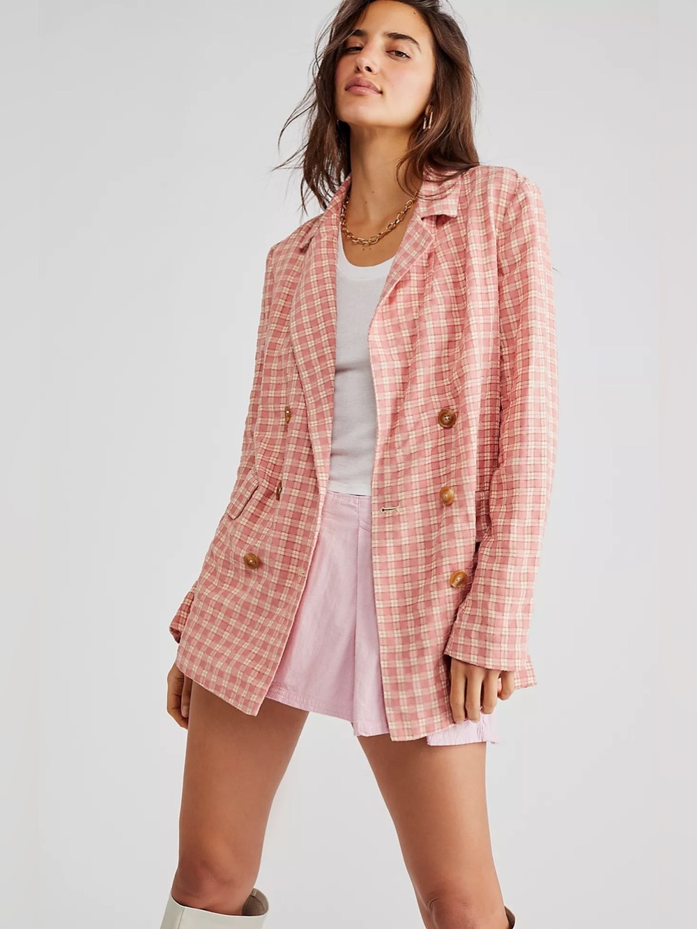 Free People Olivia Gingham Tie Back Blazer Pink Plaid Jacket Size S